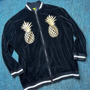 Farm Rio Pineapple Tropical Velour Zip Up Track Jacket in Black Gold